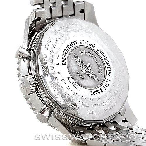 The image shows the back case and part of the metal bracelet of a Breitling Navitimer A24322 Men's Stainless Steel White Dial A24322 Men's Stainless Steel White Dial watch from a rear angle.