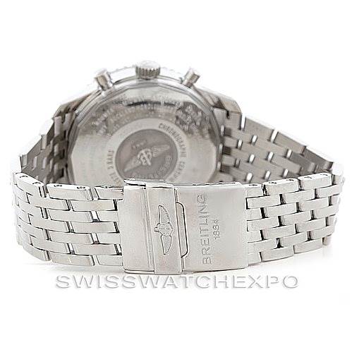 This image shows the rear view of the Breitling Navitimer A24322 Men's Stainless Steel White Dial A24322 Men's Stainless Steel White Dial watch, focusing on its clasp, bracelet, and case back.