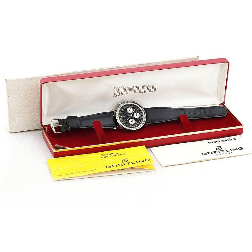 The image shows a Breitling Navitimer 806 Men's Stainless Steel Black Dial 806 Men's Stainless Steel Black Dial watch placed in an open display box, along with accompanying documentation and warranty cards.