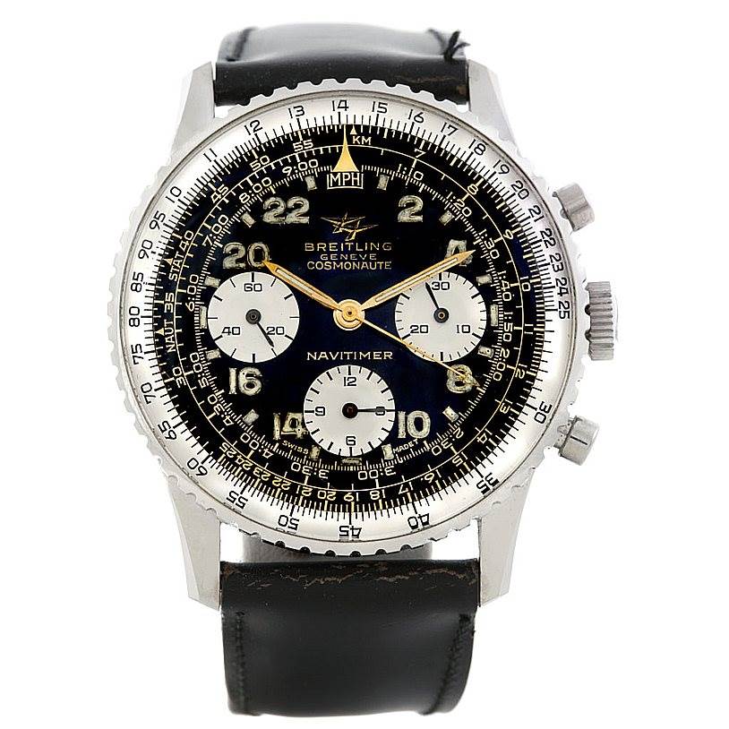 This image shows a front view of the Breitling Navitimer 806 Men's Stainless Steel Black Dial 806 Men's Stainless Steel Black Dial watch, featuring its dial, three subdials, and leather strap.