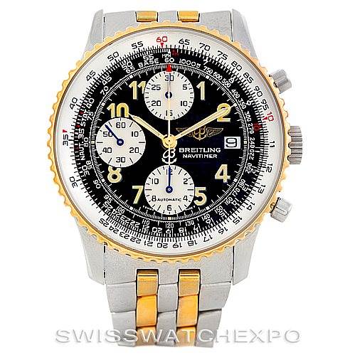 This Breitling Navitimer D13020 Men's Stainless Steel Black Dial D13020 Men's Stainless Steel Black Dial watch is shown from a front angle, displaying its chronograph dials, date window, and two-tone bracelet.