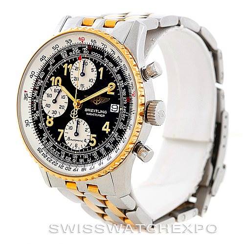 The image shows a Breitling Navitimer D13020 Men's Stainless Steel Black Dial D13020 Men's Stainless Steel Black Dial watch with a side angle view, displaying its face, bezel, crown, pushers, and bracelet.