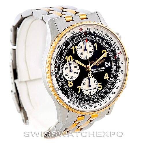 This Breitling Navitimer D13020 Men's Stainless Steel Black Dial D13020 Men's Stainless Steel Black Dial watch is shown at a front-left angle, displaying the face, bezel, and a portion of the two-tone bracelet.