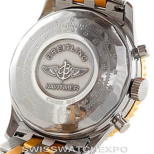 The image shows the back case and part of the bracelet of a Breitling Navitimer D13020 Men's Stainless Steel Black Dial D13020 Men's Stainless Steel Black Dial watch, highlighting the brand’s engraving.