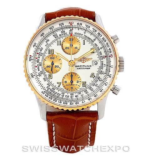 The image shows a front view of a Breitling Navitimer B13019 Men's Stainless Steel Silver Dial B13019 Men's Stainless Steel Silver Dial watch with a brown leather strap and a white dial.