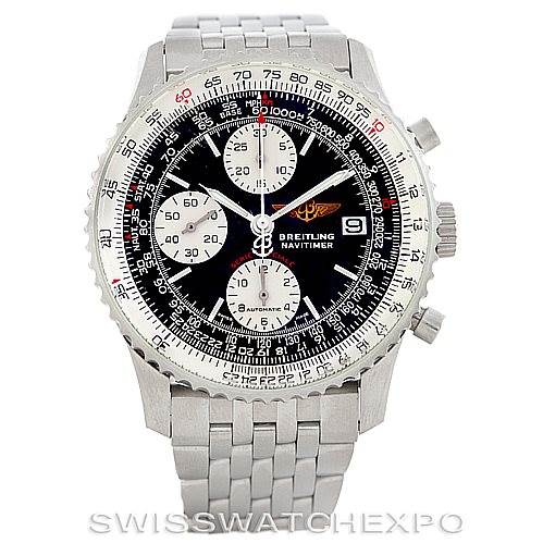 The image shows a front view of a Breitling Navitimer A13330 Men
s Stainless Steel Black Dial A13330 Men
s Stainless Steel Black Dial watch, highlighting its dial, subdials, and metal bracelet.
