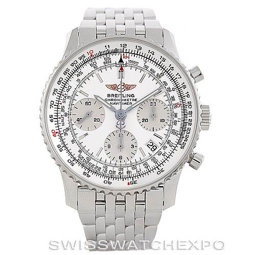The image shows a front view of a Breitling Navitimer A23322 Men's Stainless Steel White Dial A23322 Men's Stainless Steel White Dial watch, featuring a white dial, chronograph sub-dials, and a stainless steel bracelet.