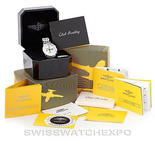 The image shows the Breitling Navitimer A23322 Men's Stainless Steel White Dial A23322 Men's Stainless Steel White Dial watch at a front angle along with its box, manuals, and certificates.