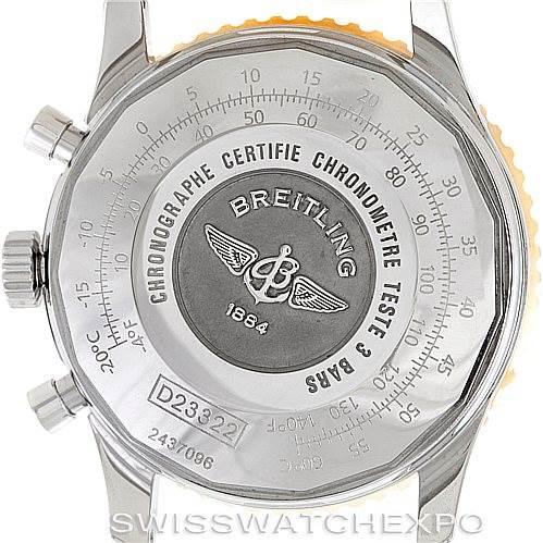 The image shows the back view of a Breitling Navitimer D23322 Men's Stainless Steel Silver Dial D23322 Men's Stainless Steel Silver Dial watch, displaying its engraved details and serial number.