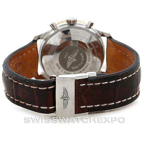 This image shows the rear view of a Breitling Navitimer D23322 Men's Stainless Steel Silver Dial D23322 Men's Stainless Steel Silver Dial watch, highlighting its leather strap and clasp with the Breitling logo.