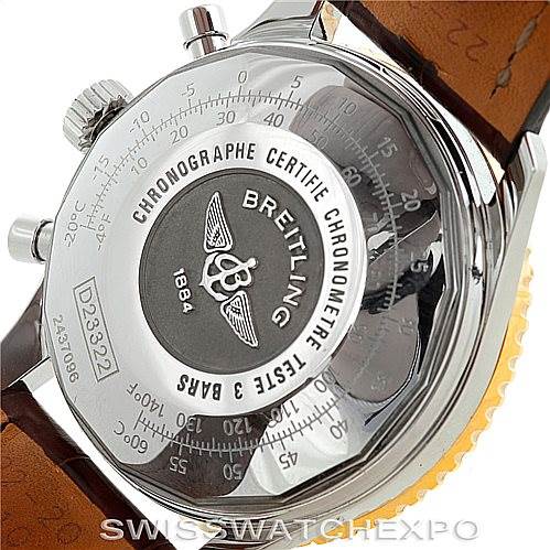 The image shows the back case of the Breitling Navitimer D23322 Men's Stainless Steel Silver Dial D23322 Men's Stainless Steel Silver Dial watch, highlighting the engravings and chronometer certification.