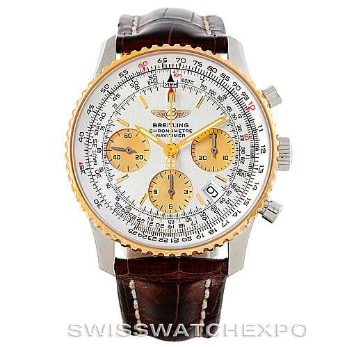 The image shows a front view of a Breitling Navitimer D23322 Men's Stainless Steel Silver Dial D23322 Men's Stainless Steel Silver Dial watch with a leather strap, displaying three subdials and a date window.