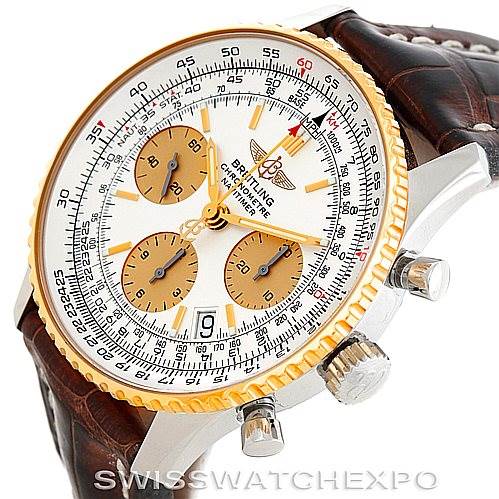The image shows a Breitling Navitimer D23322 Men's Stainless Steel Silver Dial D23322 Men's Stainless Steel Silver Dial watch at an angled view, displaying its dial, chronograph subdials, bezel, and leather strap.