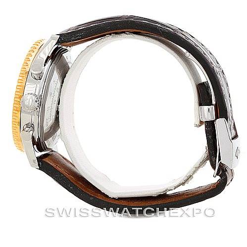 The image shows a side profile of a Breitling Navitimer D23322 Men's Stainless Steel Silver Dial D23322 Men's Stainless Steel Silver Dial watch, highlighting the case, bezel, and leather strap.