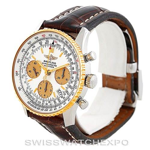 The image shows a Breitling Navitimer D23322 Men's Stainless Steel Silver Dial D23322 Men's Stainless Steel Silver Dial watch at an angle showcasing its dial, case, pushers, and leather strap.