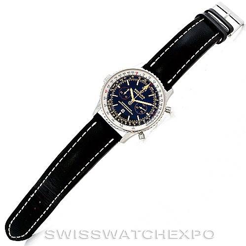 This is a top-down view of a Breitling Navitimer A41350 Men's Stainless Steel Black Dial A41350 Men's Stainless Steel Black Dial watch showing the full face, bezel, and leather strap with stitching.
