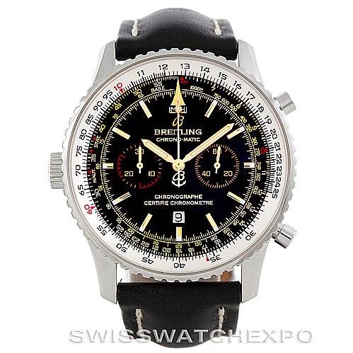 The image shows a front view of the Breitling Navitimer A41350 Men's Stainless Steel Black Dial A41350 Men's Stainless Steel Black Dial Chrono-Matic watch, highlighting its face, bezel, and leather strap.