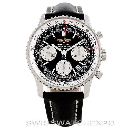 The image shows a front view of a Breitling Navitimer A23322 Men's Stainless Steel Black Dial A23322 Men's Stainless Steel Black Dial watch, featuring a black dial, three subdials, and a black leather strap.