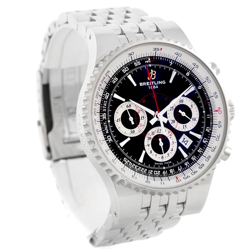 The image shows a Breitling Navitimer A23351 Men's Stainless Steel Black Dial A23351 Men's Stainless Steel Black Dial watch from a front-left angle, highlighting its dial, bezel, and bracelet.
