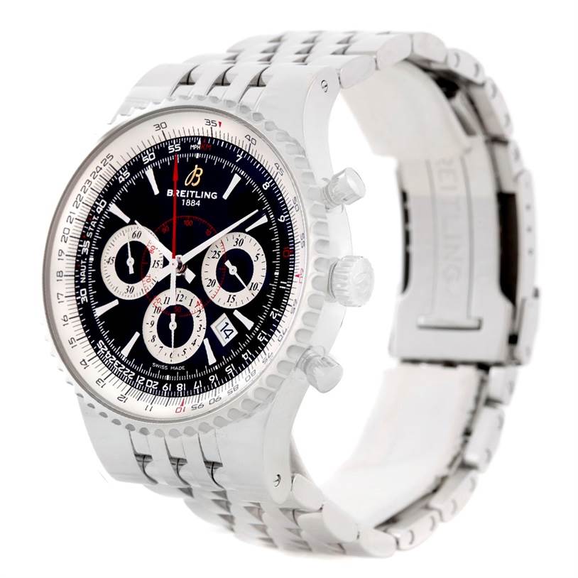 The image shows a Breitling Navitimer A23351 Men's Stainless Steel Black Dial A23351 Men's Stainless Steel Black Dial watch at an angle highlighting its face, side buttons, and metal bracelet.