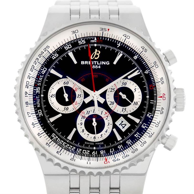 This image shows a front view of the Breitling Navitimer watch, highlighting its dial, bezel, and bracelet.