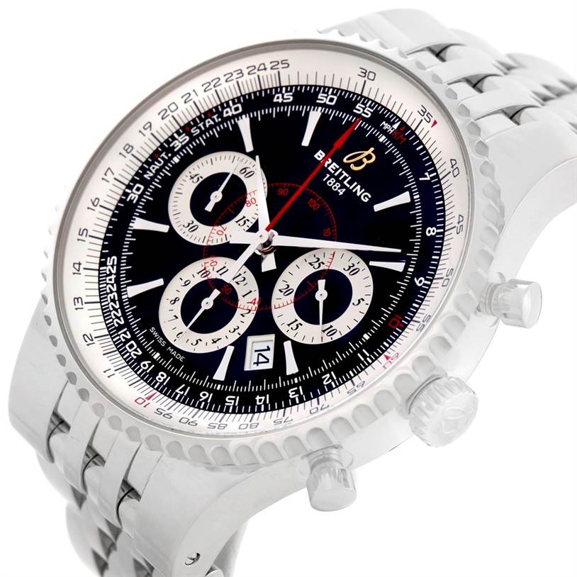 This image shows a close-up of the Breitling Navitimer A23351 Men's Stainless Steel Black Dial A23351 Men's Stainless Steel Black Dial watch face and side, highlighting the bezel, sub-dials, and the crown buttons.