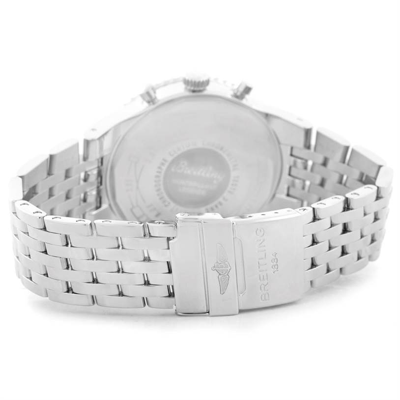 The image shows the back view of a Breitling Navitimer A23351 Men's Stainless Steel Black Dial A23351 Men's Stainless Steel Black Dial watch, focusing on the stainless steel bracelet and clasp.