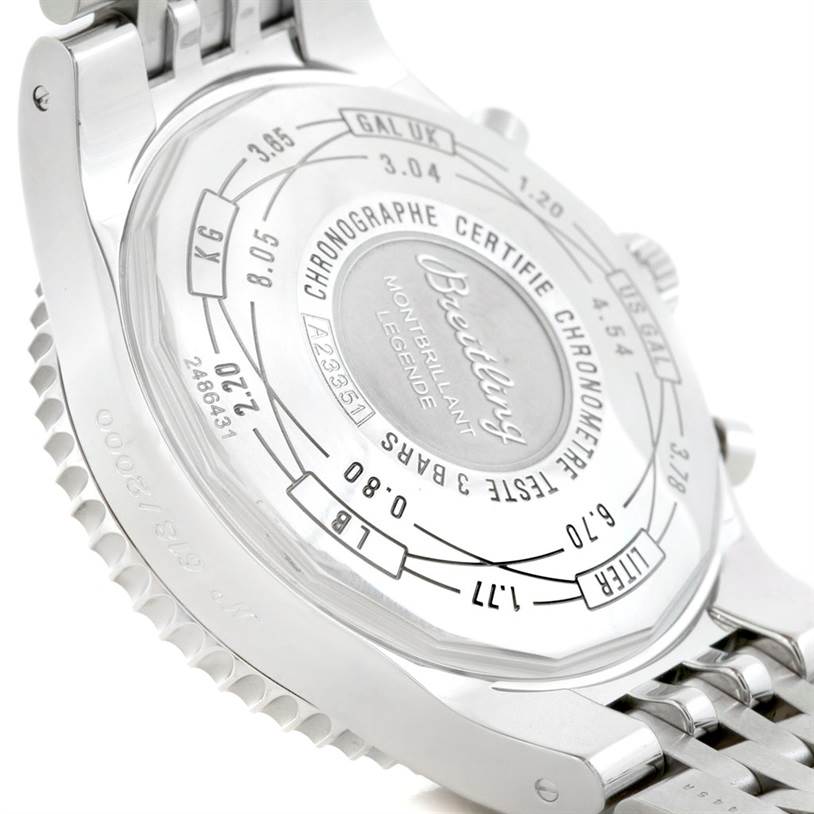 The image shows the back and part of the bracelet of the Breitling Navitimer A23351 Men's Stainless Steel Black Dial A23351 Men's Stainless Steel Black Dial watch, displaying its engravings and markings.