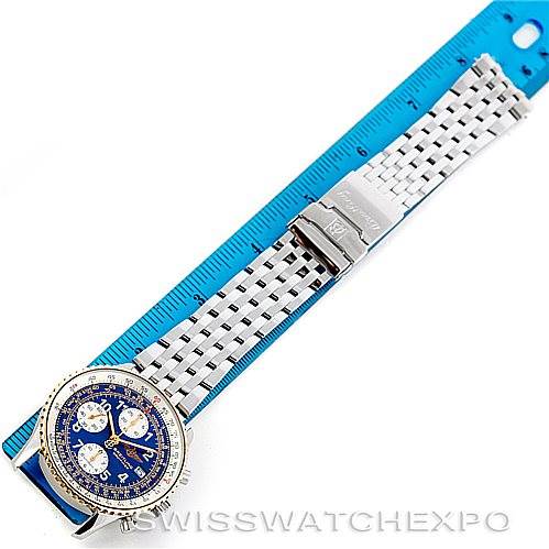 The image shows the front and top angle of a Breitling Navitimer D13022 Men
s Stainless Steel Blue Dial D13022 Men
s Stainless Steel Blue Dial watch, displaying its bracelet, clasp, and part of the dial.
