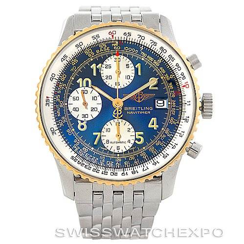 The image shows a frontal view of the Breitling Navitimer D13022 Men
s Stainless Steel Blue Dial D13022 Men
s Stainless Steel Blue Dial watch, featuring a blue dial, gold bezel, and stainless steel bracelet.