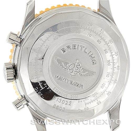 This image shows the back case of a Breitling Navitimer D13022 Men
s Stainless Steel Blue Dial D13022 Men
s Stainless Steel Blue Dial watch, including its logos and inscriptions.