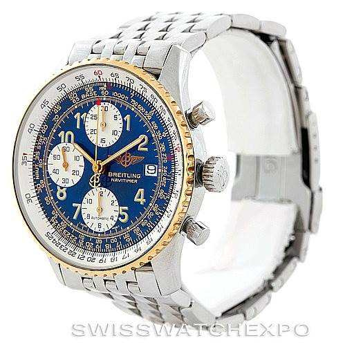 The Breitling Navitimer D13022 Men
s Stainless Steel Blue Dial D13022 Men
s Stainless Steel Blue Dial watch is shown at a three-quarter angle, highlighting its blue dial, gold bezel, and stainless steel bracelet.