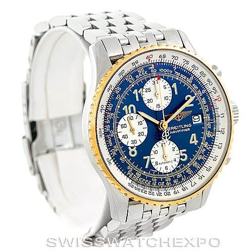 The image shows a front angle of the Breitling Navitimer D13022 Men
s Stainless Steel Blue Dial D13022 Men
s Stainless Steel Blue Dial watch, highlighting its face, bezel, and stainless steel bracelet.