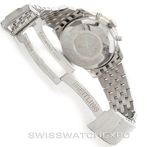 This image shows the back case and partially open metal bracelet of a Breitling Navitimer D13022 Men
s Stainless Steel Blue Dial D13022 Men
s Stainless Steel Blue Dial watch.