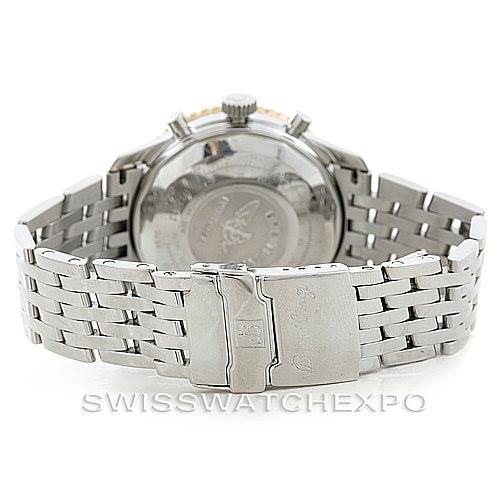 The image shows the back of a Breitling Navitimer D13022 Men
s Stainless Steel Blue Dial D13022 Men
s Stainless Steel Blue Dial watch, highlighting the bracelet and clasp.