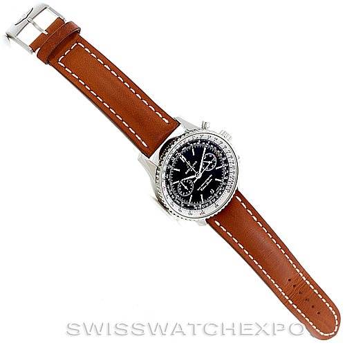 The image shows a top-down view of the Breitling Navitimer A23322 Men's Stainless Steel Black Dial A23322 Men's Stainless Steel Black Dial watch with a brown leather strap and black dial.