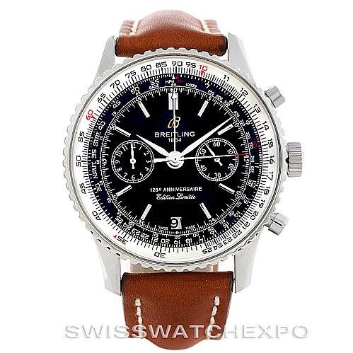 This image shows the front view of a Breitling Navitimer A23322 Men's Stainless Steel Black Dial A23322 Men's Stainless Steel Black Dial watch with a black dial and a brown leather strap.