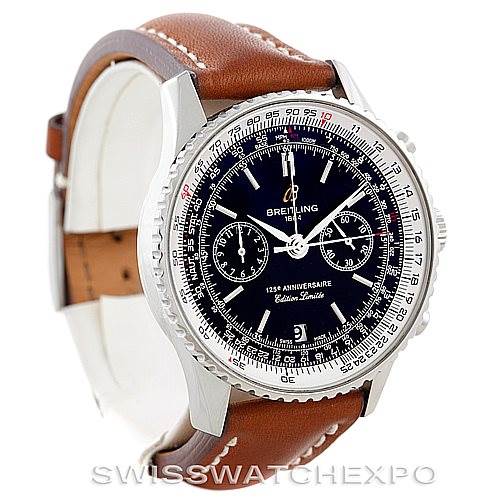 The image shows a Breitling Navitimer A23322 Men's Stainless Steel Black Dial A23322 Men's Stainless Steel Black Dial watch at a three-quarter angle highlighting its black dial, bezel, and brown leather strap.