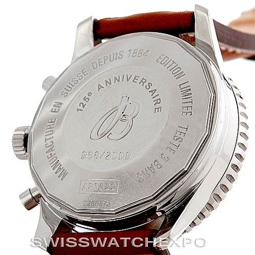 The image shows the back case of a Breitling Navitimer A23322 Men's Stainless Steel Black Dial A23322 Men's Stainless Steel Black Dial watch, highlighting its engravings and limited edition markings at an angled view.