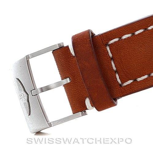 This image shows a close-up of the buckle and part of the leather strap of a Breitling Navitimer A23322 Men's Stainless Steel Black Dial A23322 Men's Stainless Steel Black Dial watch.