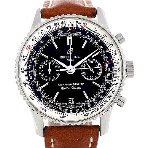 The image shows a front view of a Breitling Navitimer A23322 Men's Stainless Steel Black Dial A23322 Men's Stainless Steel Black Dial watch with a brown leather strap and detailed dial.