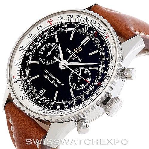 The image shows a Breitling Navitimer A23322 Men's Stainless Steel Black Dial A23322 Men's Stainless Steel Black Dial watch at a slight angle, highlighting the black dial, chronograph sub-dials, and brown leather strap.