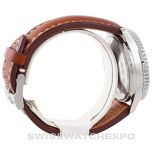 This side view of the Breitling Navitimer A23322 Men's Stainless Steel Black Dial A23322 Men's Stainless Steel Black Dial watch shows the brown leather strap, stainless steel case, and part of the bezel and case back.