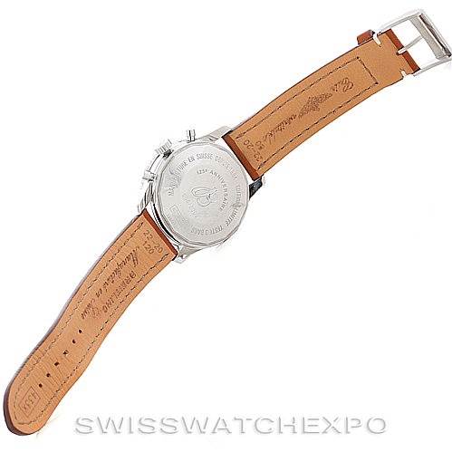 The image shows the back view of a Breitling Navitimer A23322 Men's Stainless Steel Black Dial A23322 Men's Stainless Steel Black Dial watch with its leather strap, revealing the case back and buckle.