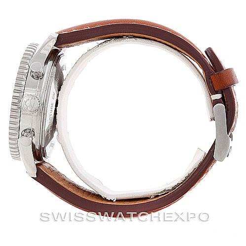 This is a side view of a Breitling Navitimer A23322 Men's Stainless Steel Black Dial A23322 Men's Stainless Steel Black Dial watch showcasing the bezel, crown, pushers, and leather strap.