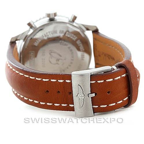 The image shows the back case of the Breitling Navitimer A23322 Men's Stainless Steel Black Dial A23322 Men's Stainless Steel Black Dial watch and its brown leather strap with a stainless steel buckle.