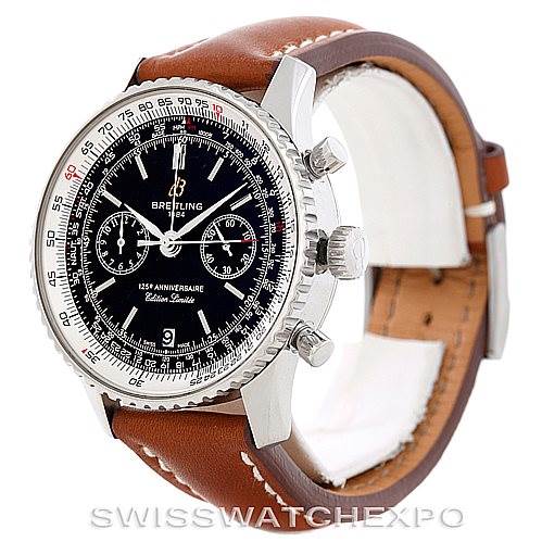 This image shows the Breitling Navitimer A23322 Men's Stainless Steel Black Dial A23322 Men's Stainless Steel Black Dial watch at a three-quarter angle, highlighting the face, bezel, and leather strap.
