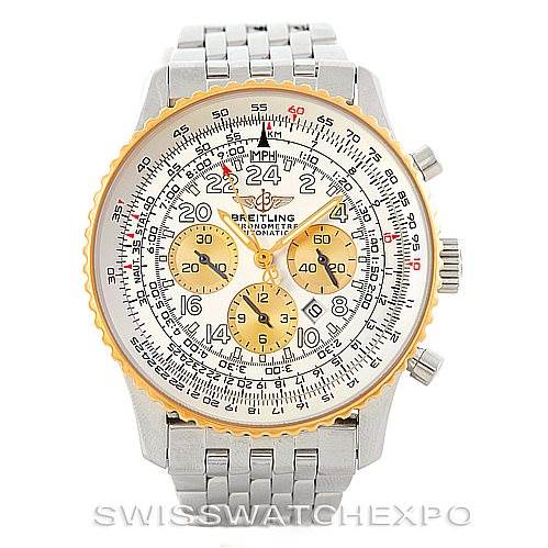 The image shows a front view of a Breitling Navitimer D22322 Men's Stainless Steel Silver Dial D22322 Men's Stainless Steel Silver Dial watch, featuring its dial, bezel, chronograph subdials, and bracelet in detail.