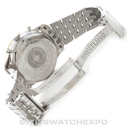 This image shows the back of a Breitling Navitimer D22322 Men's Stainless Steel Silver Dial D22322 Men's Stainless Steel Silver Dial watch, focusing on its stainless steel bracelet and clasp.