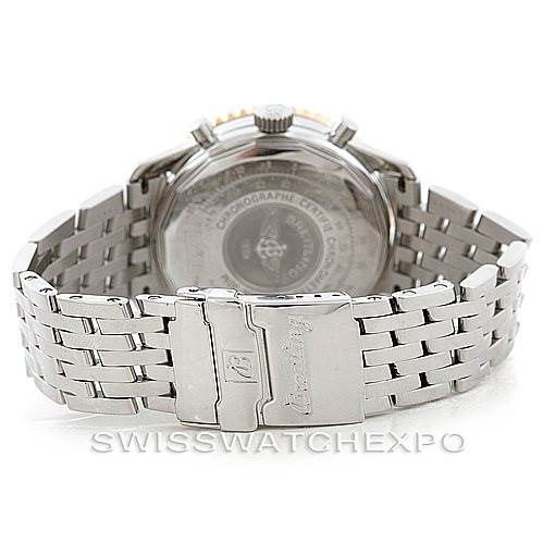 This image shows the back view and clasp of a Breitling Navitimer D22322 Men's Stainless Steel Silver Dial D22322 Men's Stainless Steel Silver Dial watch with a metal bracelet.